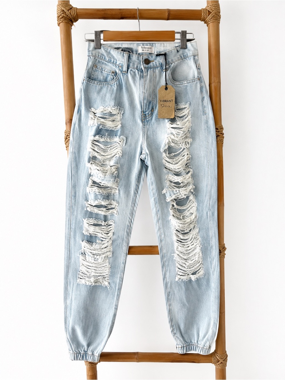 VIBRANT M.I.U Light Wash Distressed Jogger Jeans Size S NWT